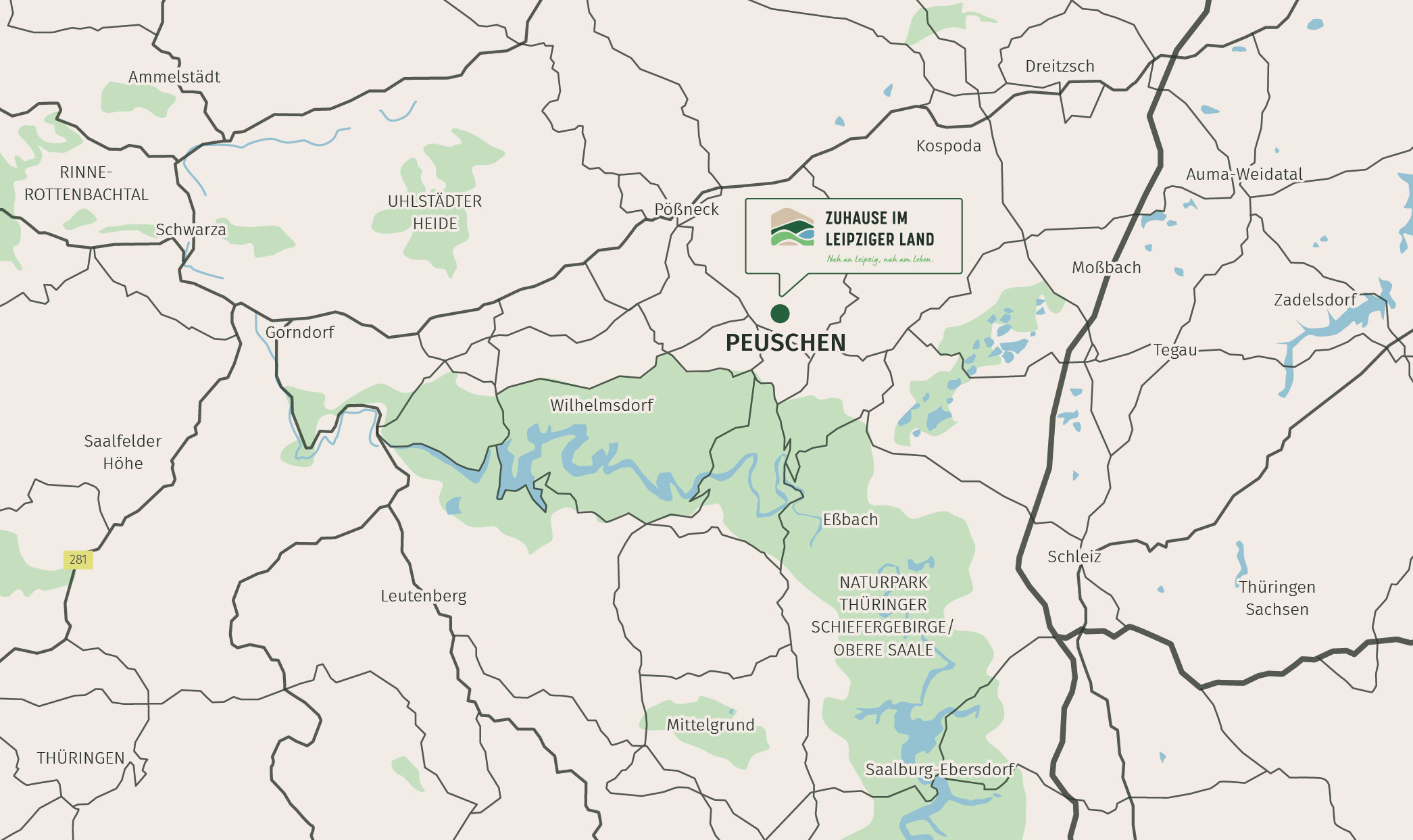 Karte mit der Lage von Peuschen in Thüringen und der umliegenden Region.