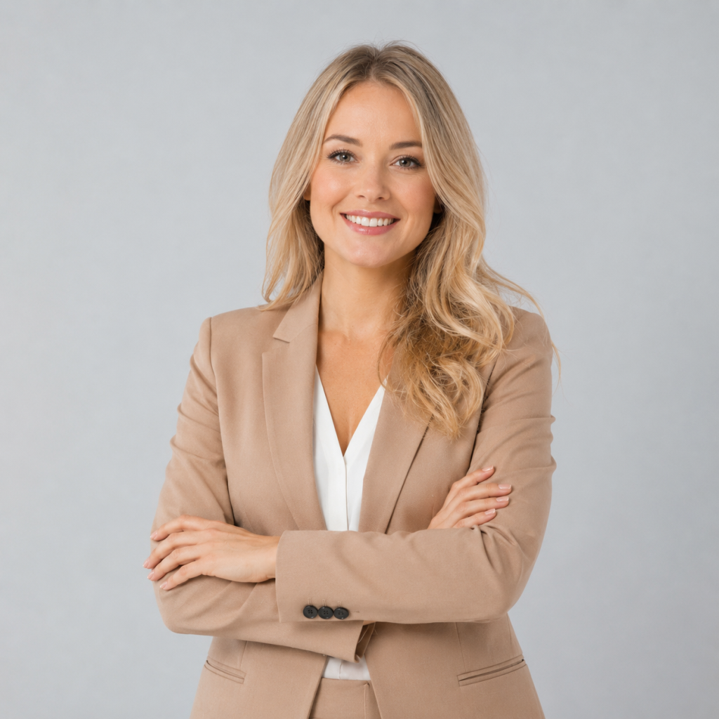 Lächelnde Mitarbeiterin im Business-Outfit.